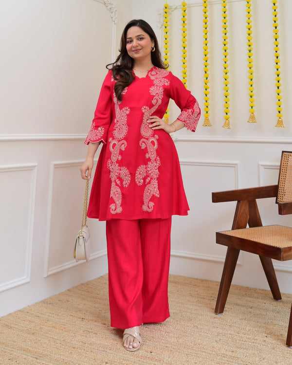 Pink Muslin Silk Paisley Threadwork Festive Co-ord