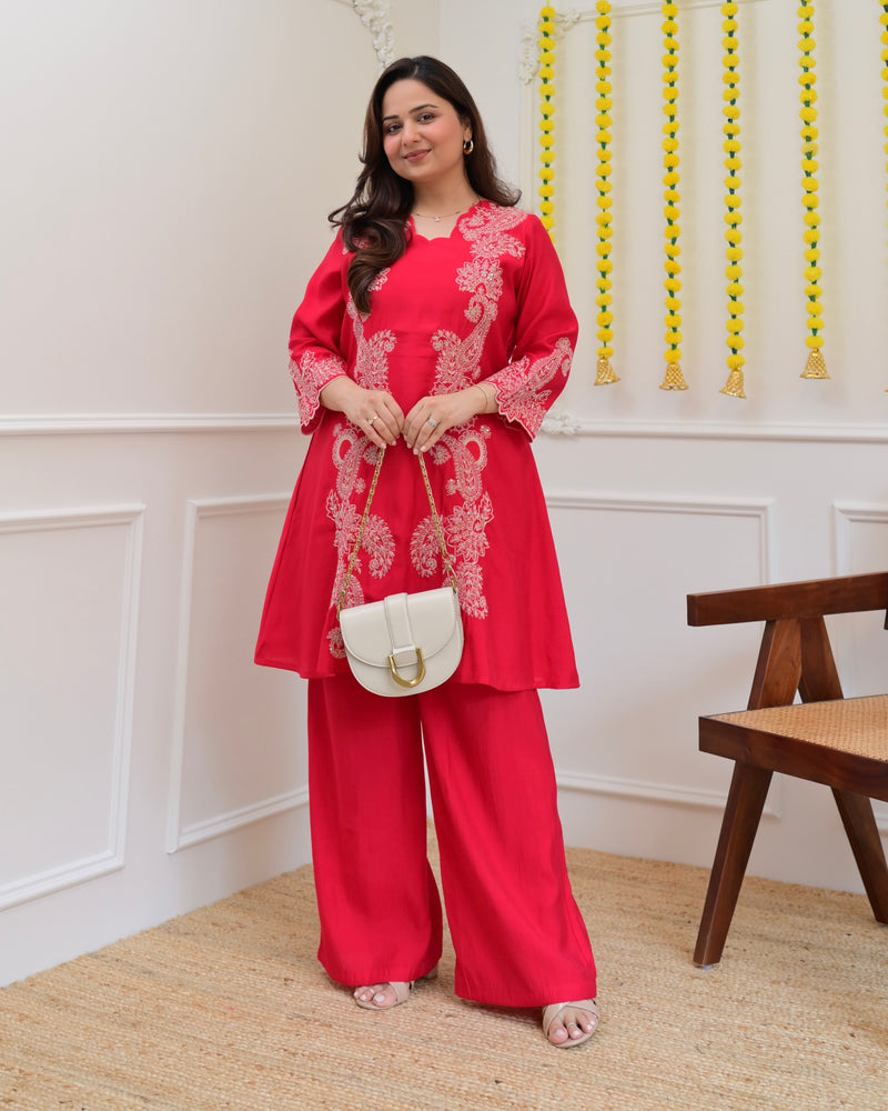 Pink Muslin Silk Paisley Threadwork Festive Co-ord
