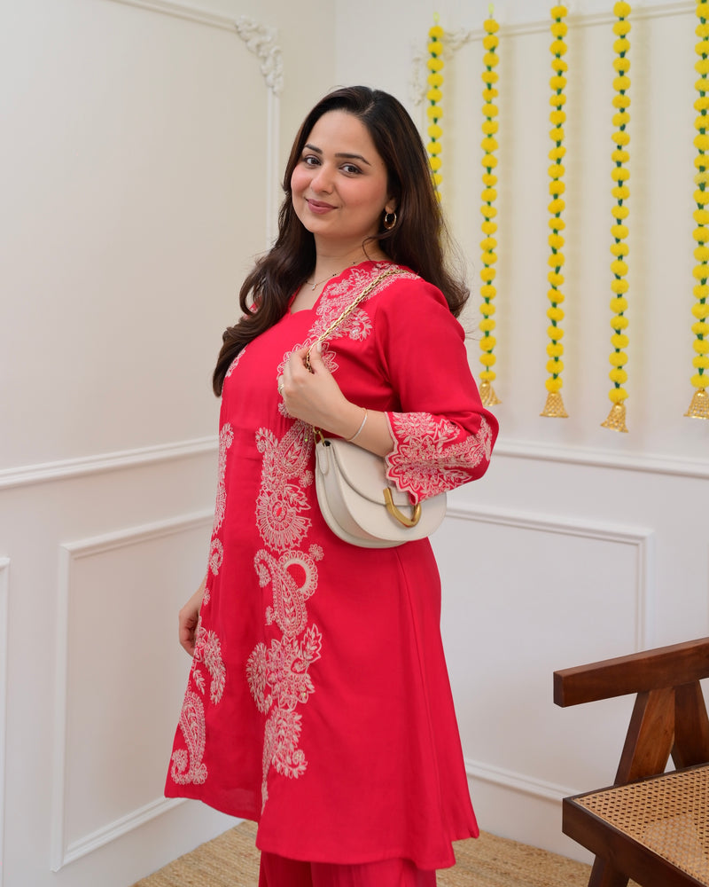 Pink Muslin Silk Paisley Threadwork Festive Co-ord