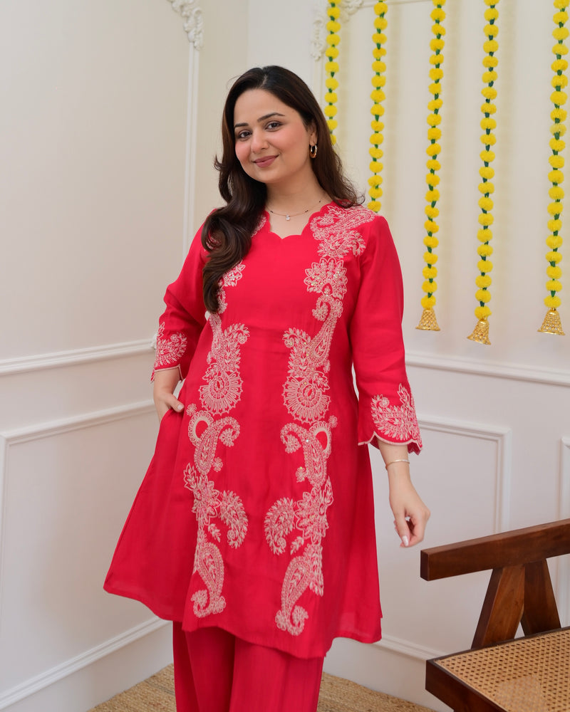 Pink Muslin Silk Paisley Threadwork Festive Co-ord