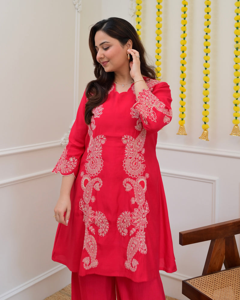 Pink Muslin Silk Paisley Threadwork Festive Co-ord