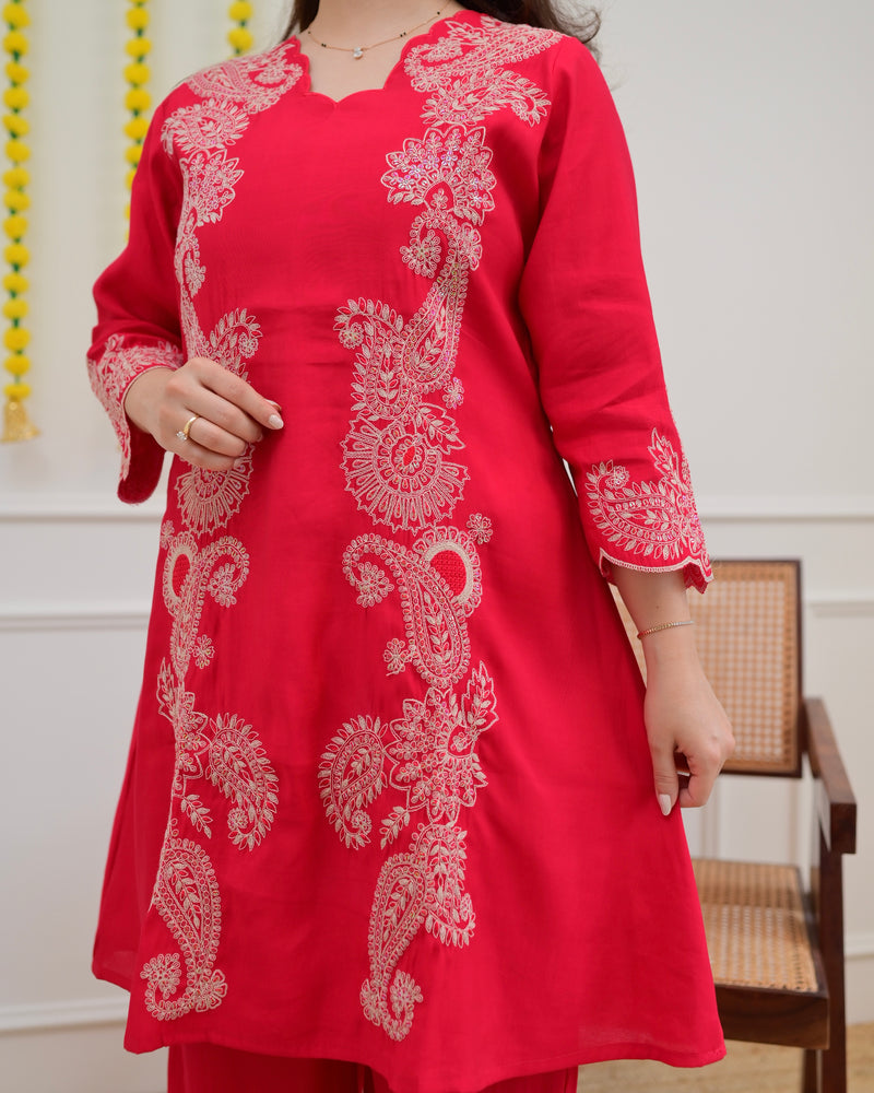 Pink Muslin Silk Paisley Threadwork Festive Co-ord