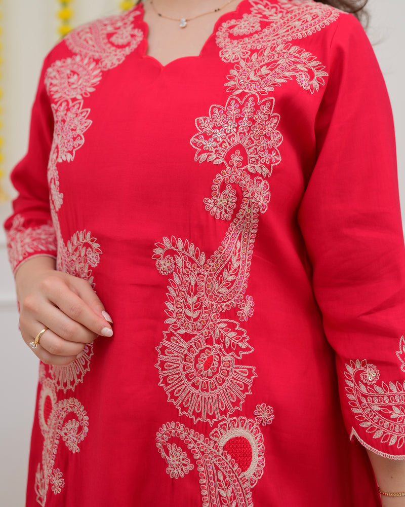 Pink Muslin Silk Paisley Threadwork Festive Co-ord