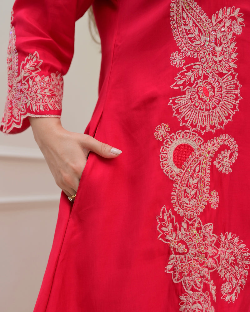 Pink Muslin Silk Paisley Threadwork Festive Co-ord