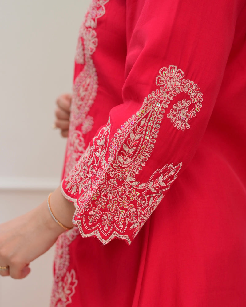 Pink Muslin Silk Paisley Threadwork Festive Co-ord