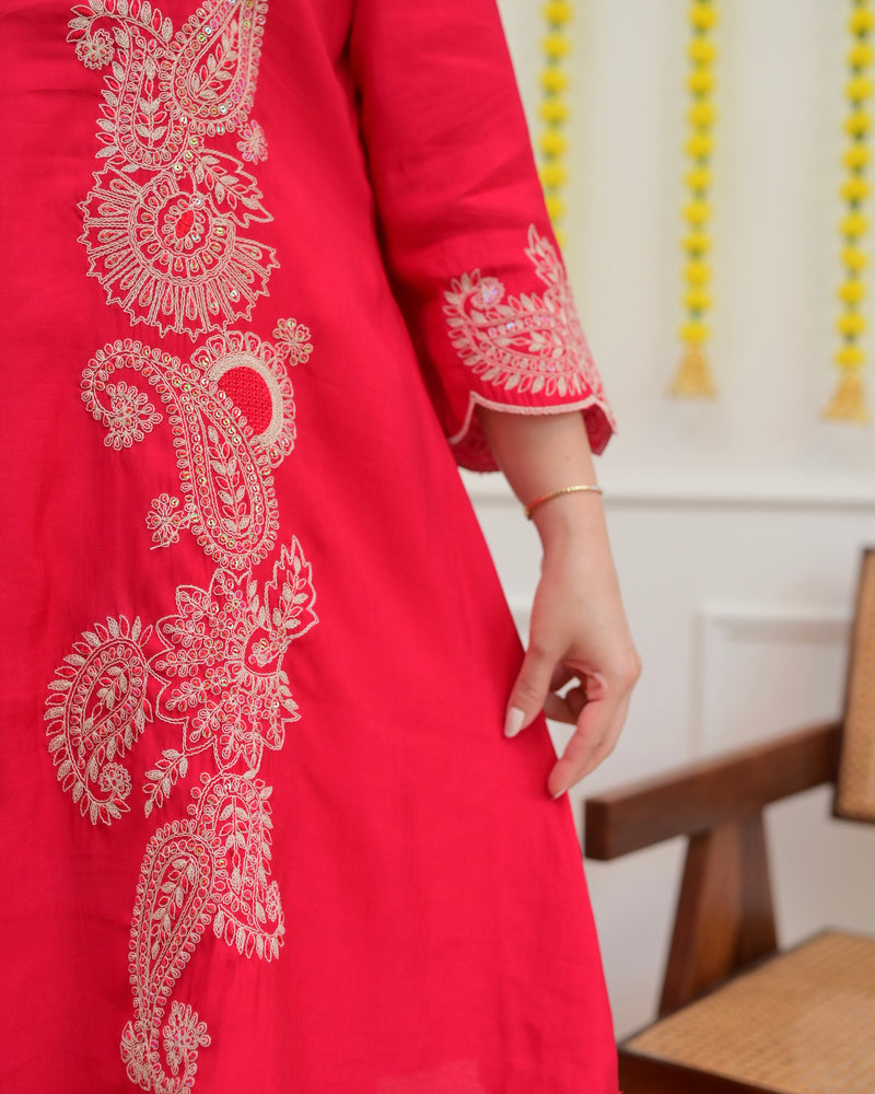Pink Muslin Silk Paisley Threadwork Festive Co-ord