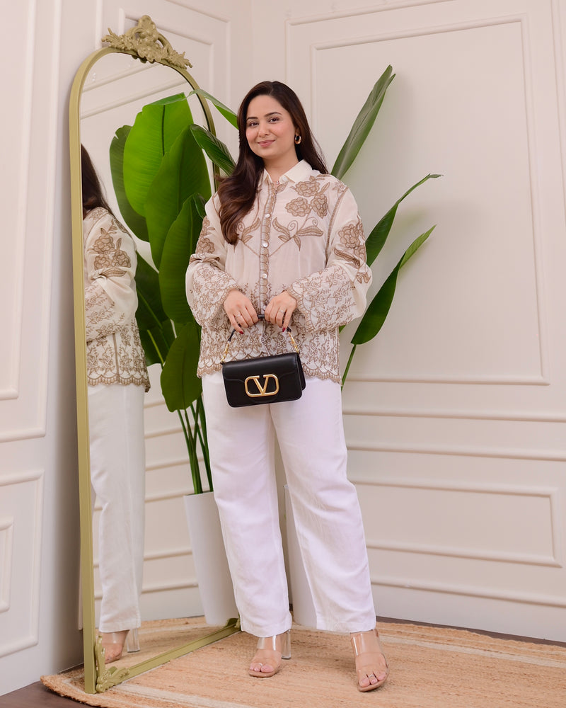Caramel Ivory Ethereal Bloom Threadwork Shirt
