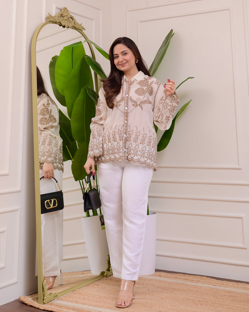 Caramel Ivory Ethereal Bloom Threadwork Shirt