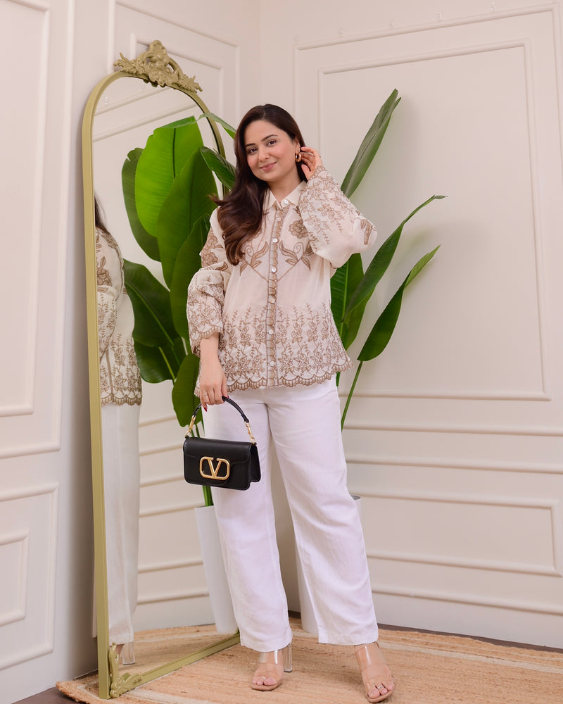 Caramel Ivory Ethereal Bloom Threadwork Shirt