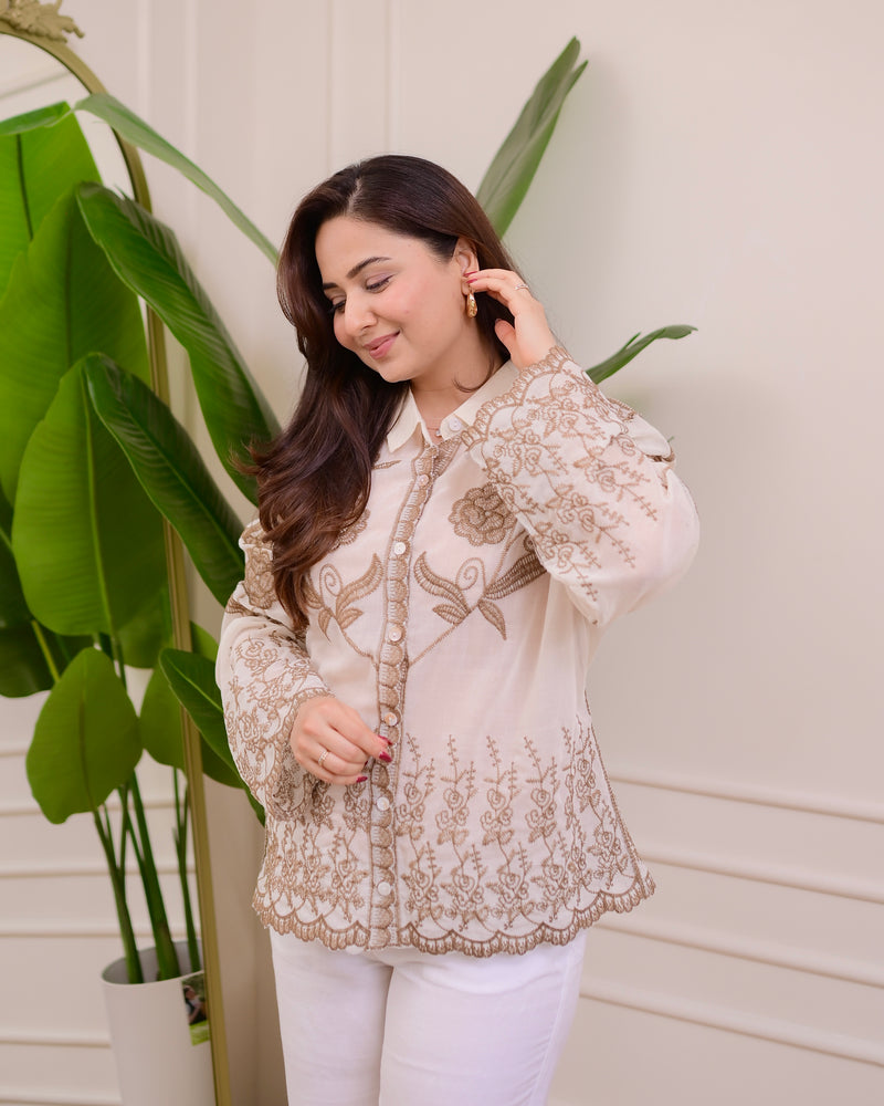 Caramel Ivory Ethereal Bloom Threadwork Shirt