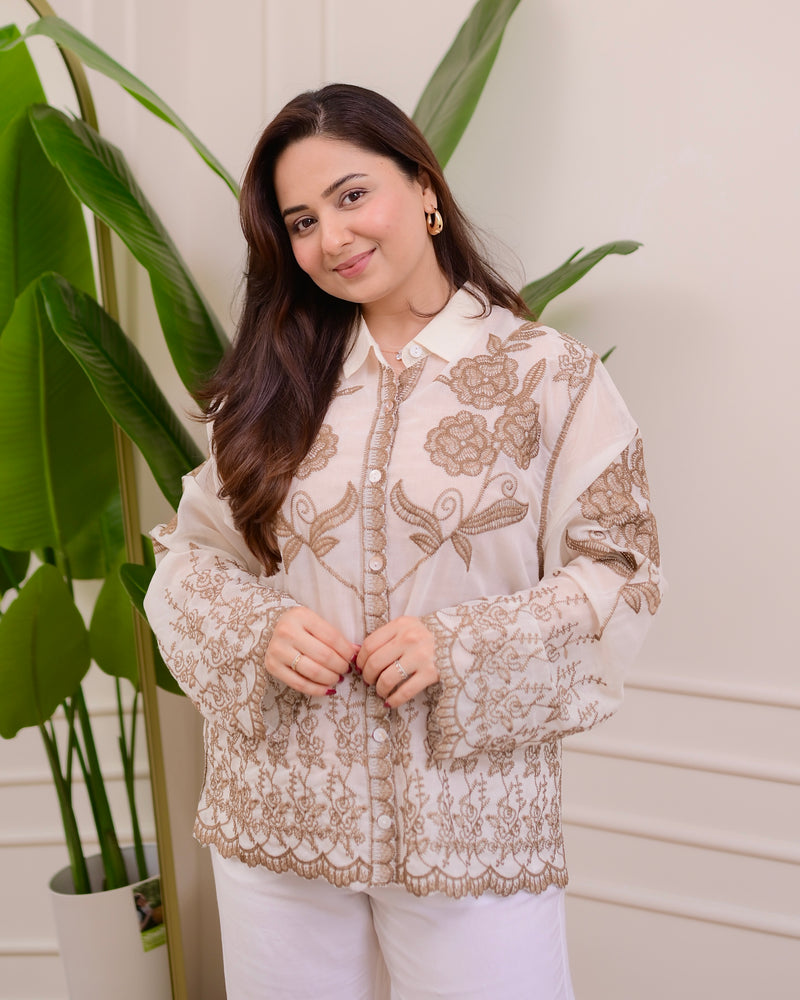 Caramel Ivory Ethereal Bloom Threadwork Shirt