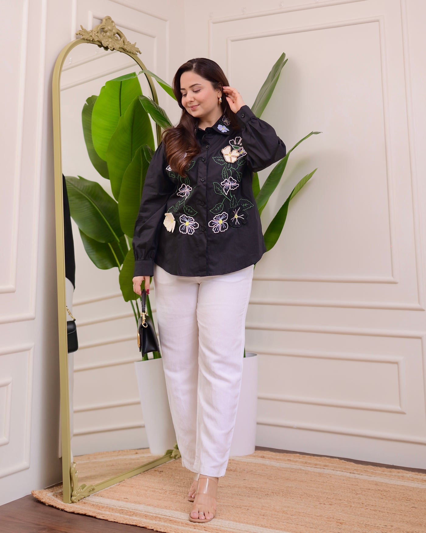 Black Applique Floral Threadwork Shirt