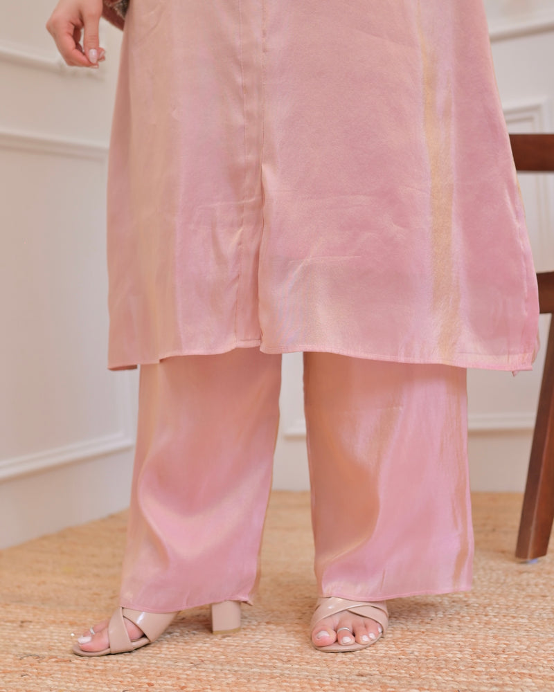 Baby Pink Premium Tissue Silk Handwork Kurta Set