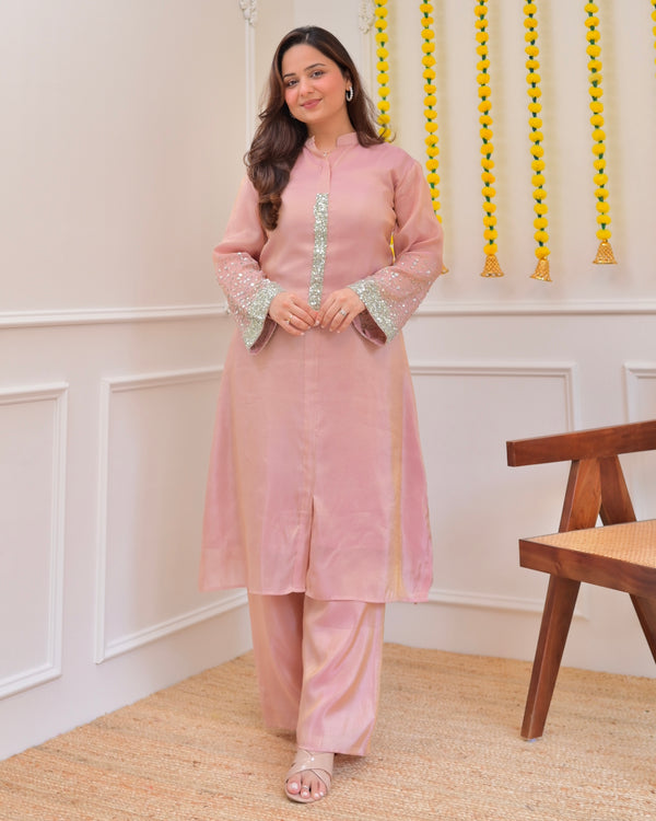 Baby Pink Premium Tissue Silk Handwork Kurta Set