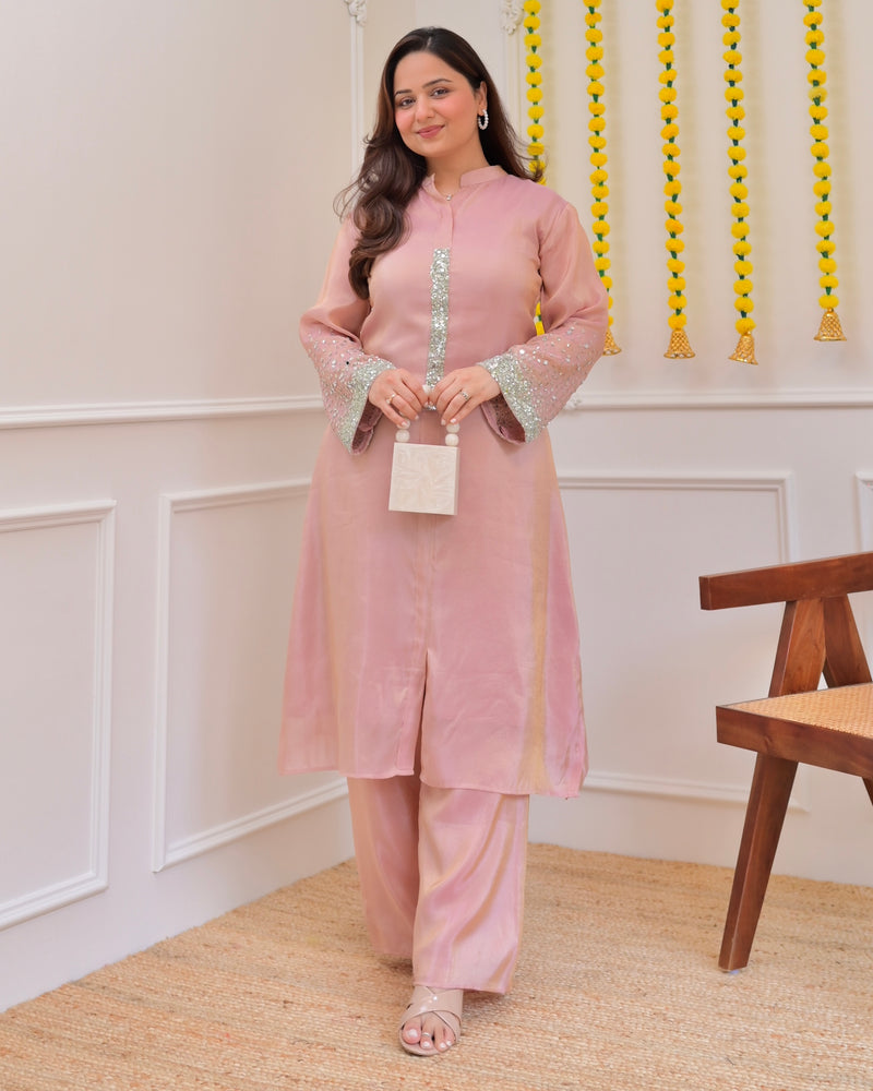 Baby Pink Premium Tissue Silk Handwork Kurta Set