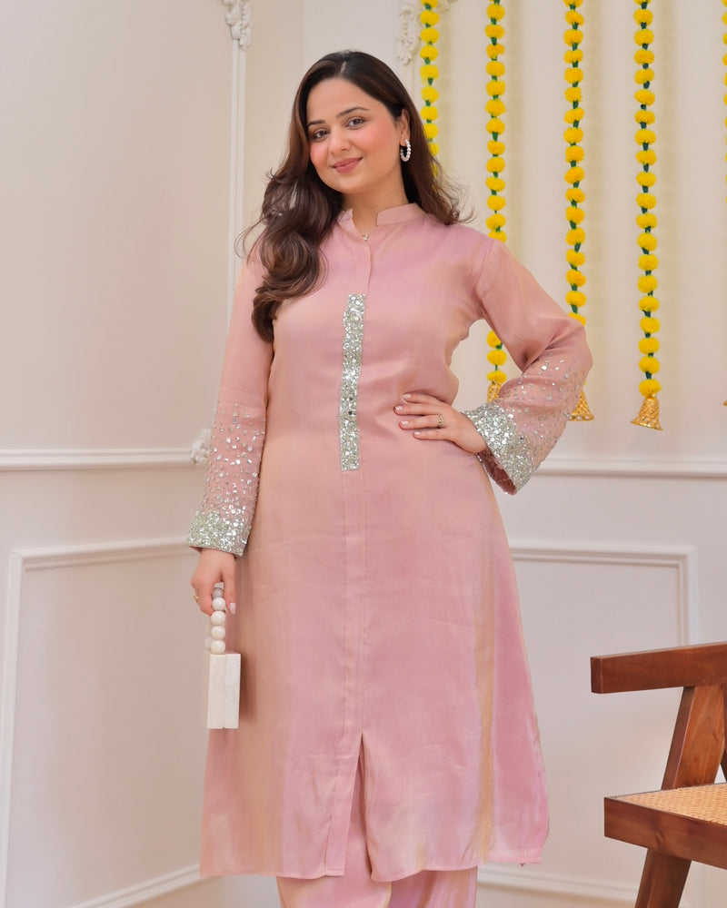 Baby Pink Premium Tissue Silk Handwork Kurta Set