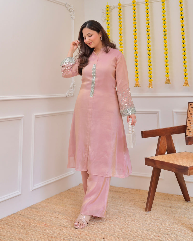 Baby Pink Premium Tissue Silk Handwork Kurta Set