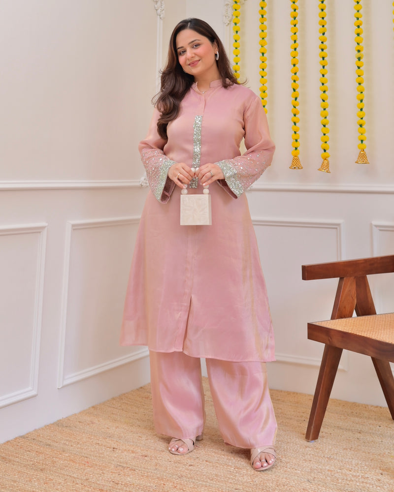 Baby Pink Premium Tissue Silk Handwork Kurta Set