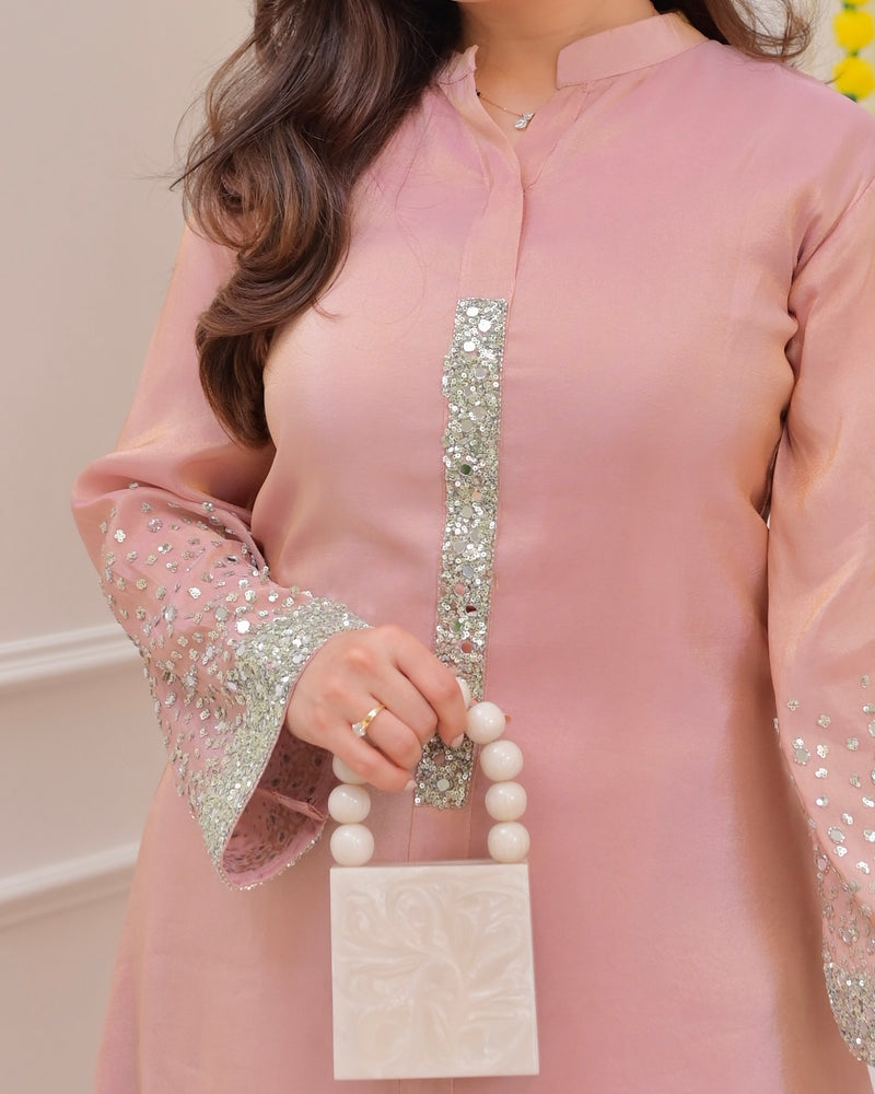 Baby Pink Premium Tissue Silk Handwork Kurta Set