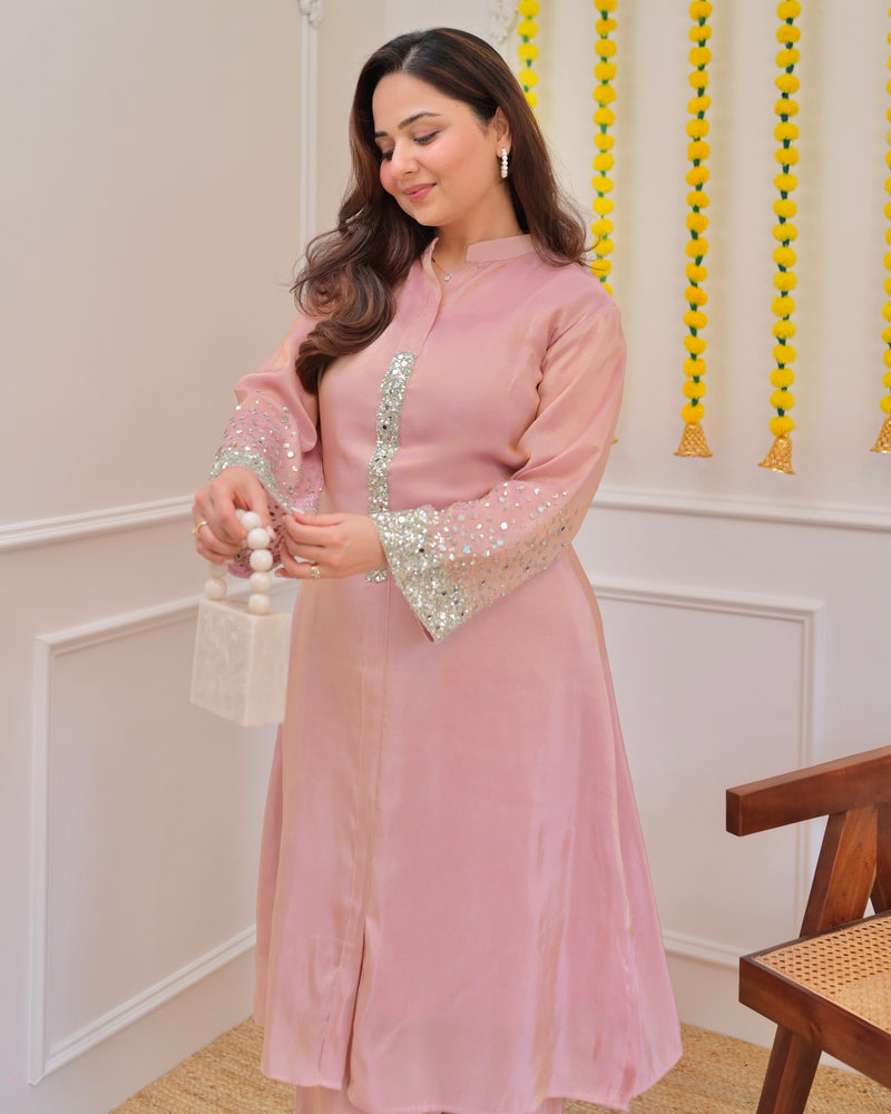 Baby Pink Premium Tissue Silk Handwork Kurta Set