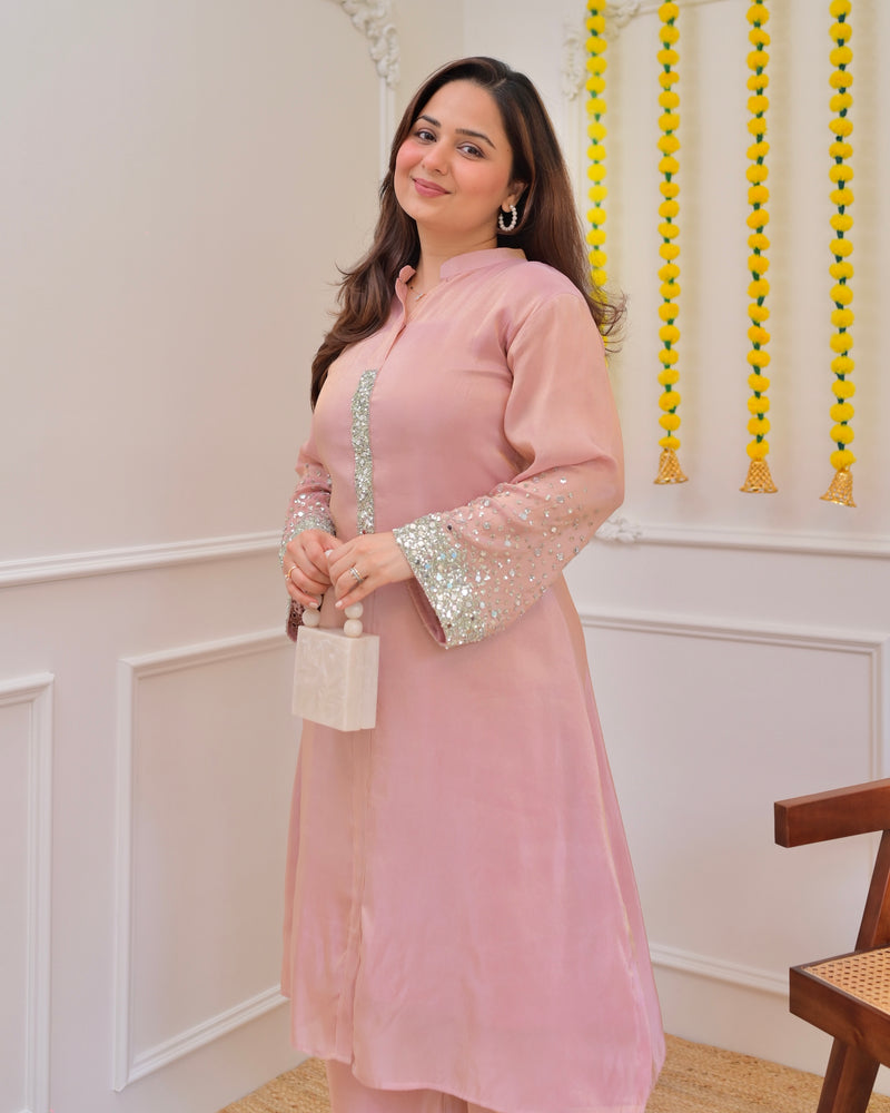 Baby Pink Premium Tissue Silk Handwork Kurta Set