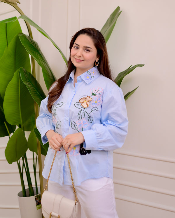 Blue Applique Floral Threadwork Shirt