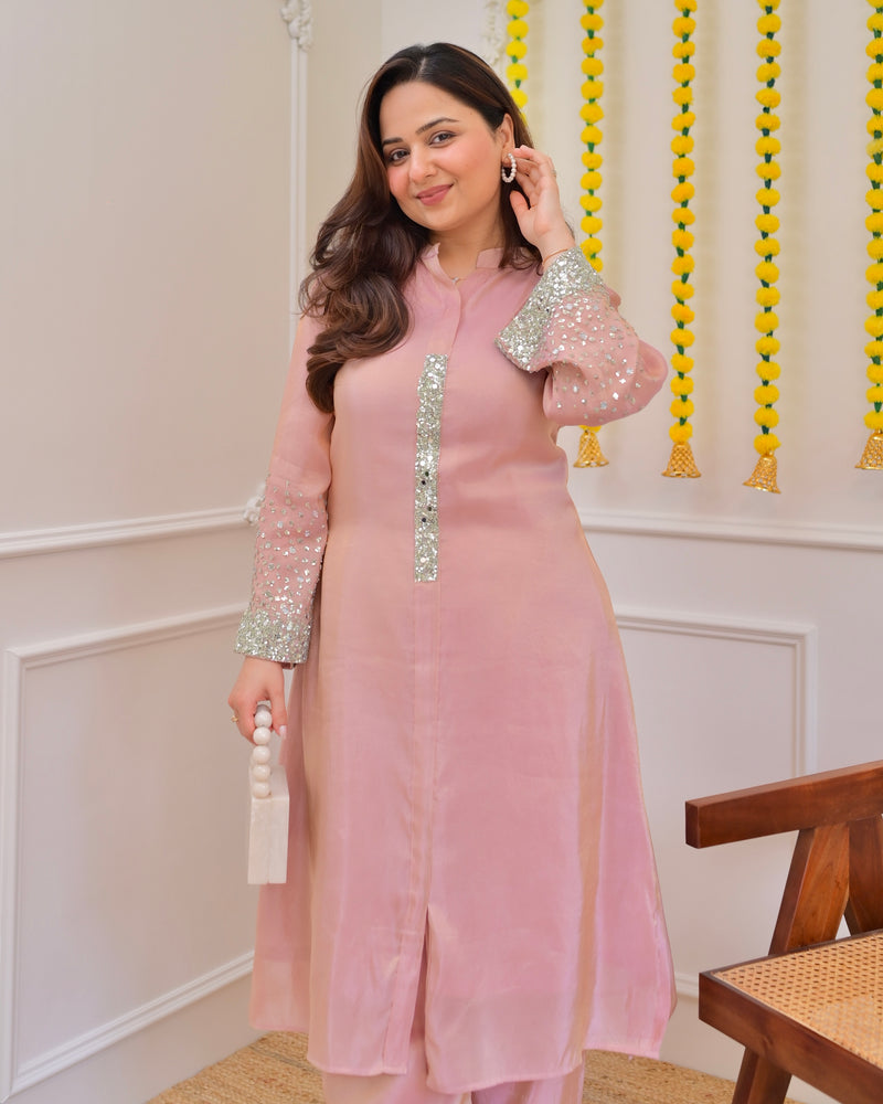 Baby Pink Premium Tissue Silk Handwork Kurta Set