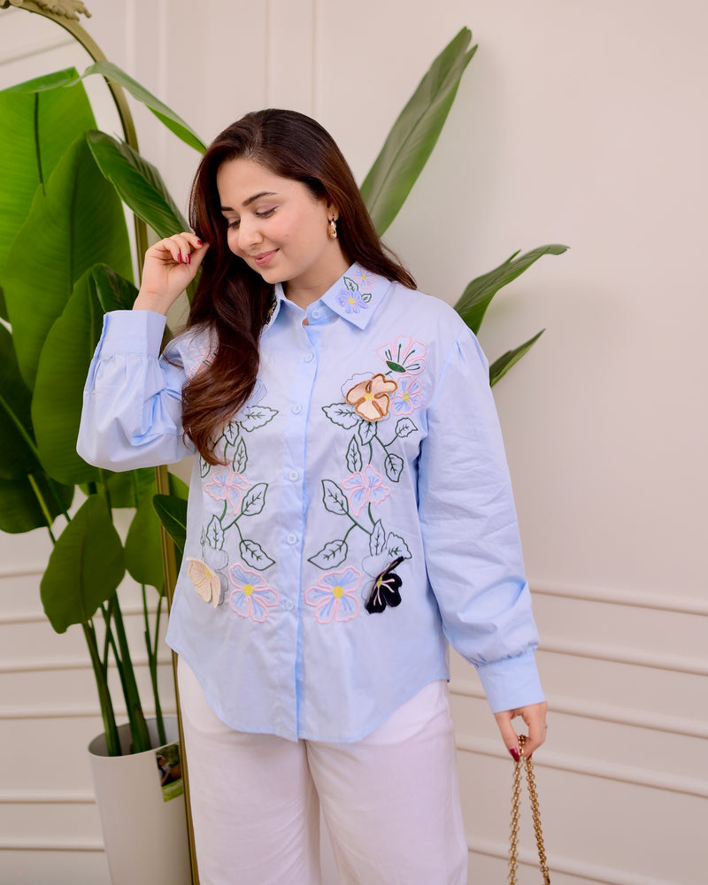 Blue Applique Floral Threadwork Shirt