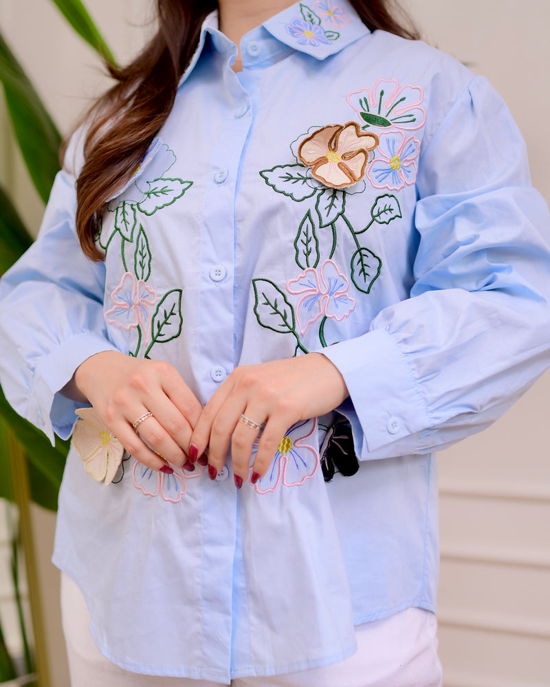 Blue Applique Floral Threadwork Shirt