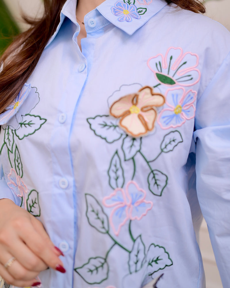 Blue Applique Floral Threadwork Shirt