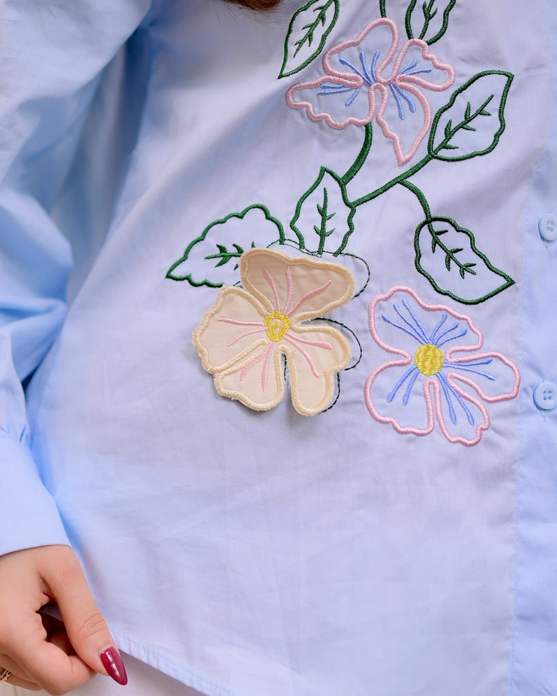 Blue Applique Floral Threadwork Shirt