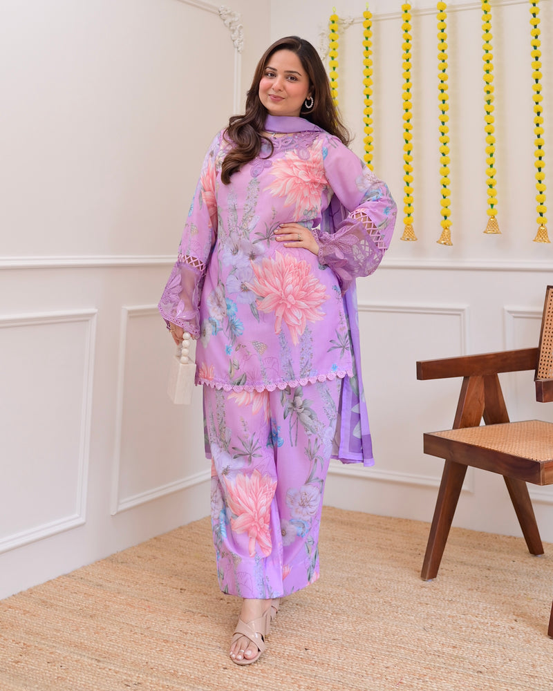 Lilac Bloom Applique Cotton Farshi Shalwar Suit