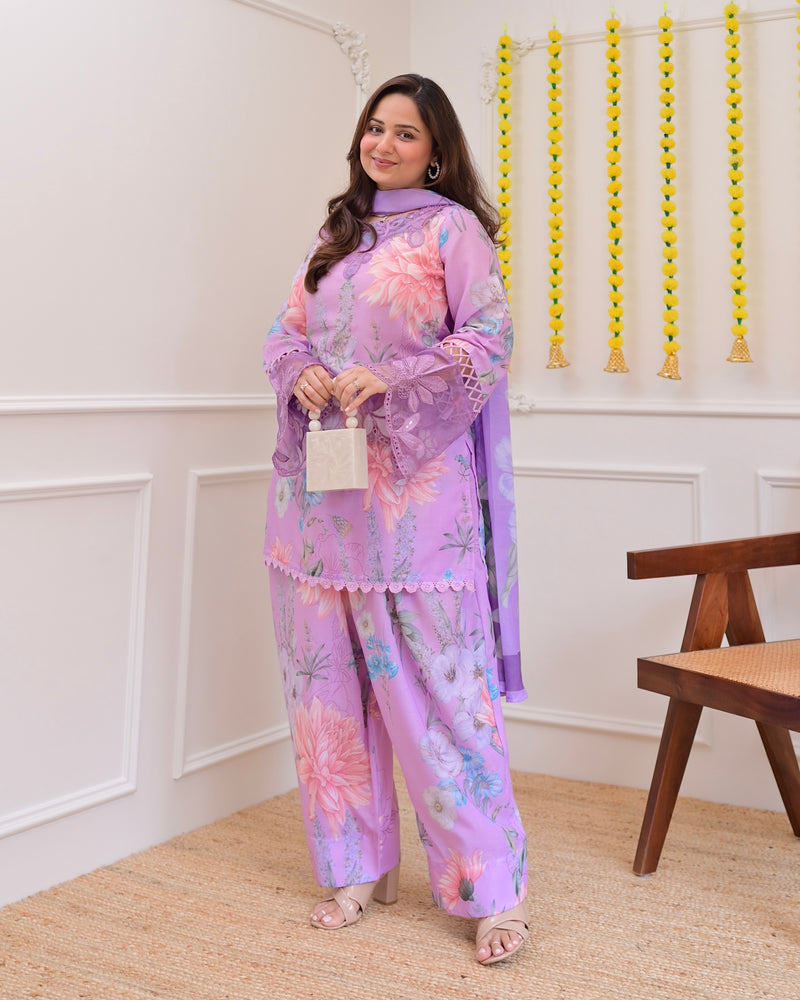 Lilac Bloom Applique Cotton Farshi Shalwar Suit