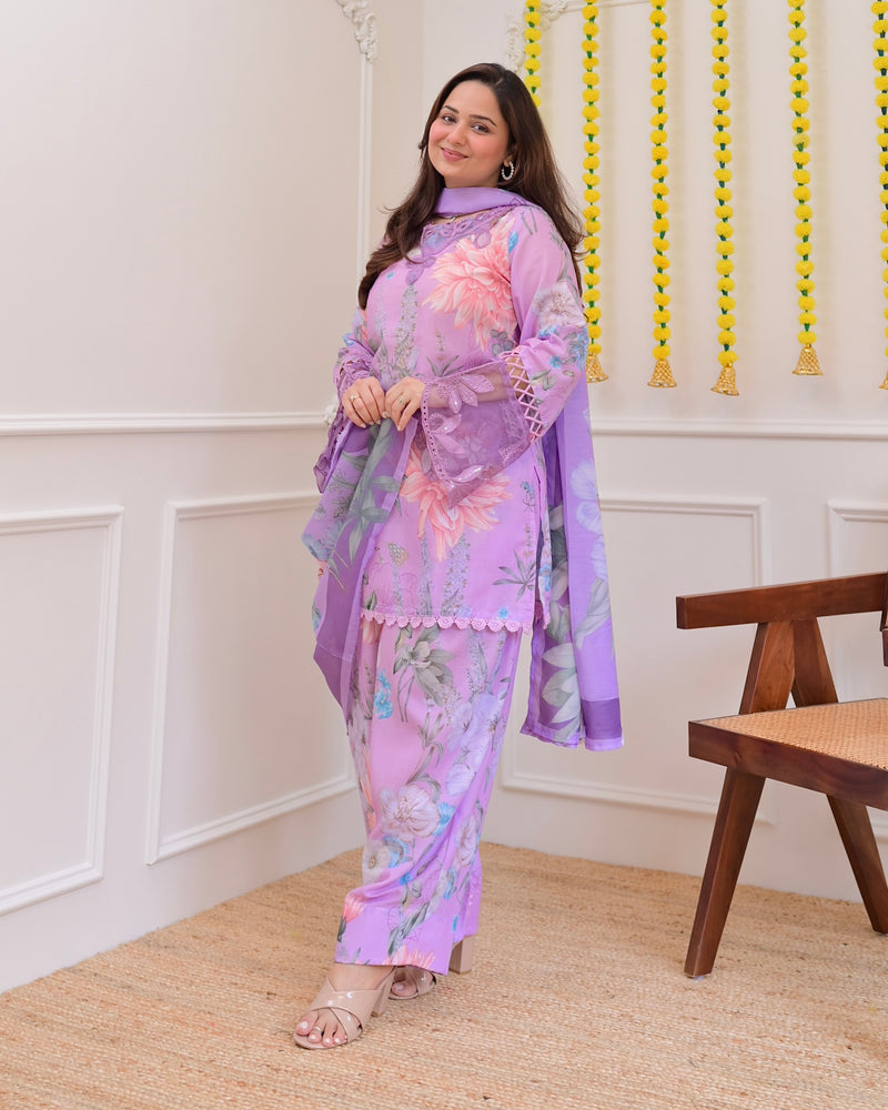 Lilac Bloom Applique Cotton Farshi Shalwar Suit