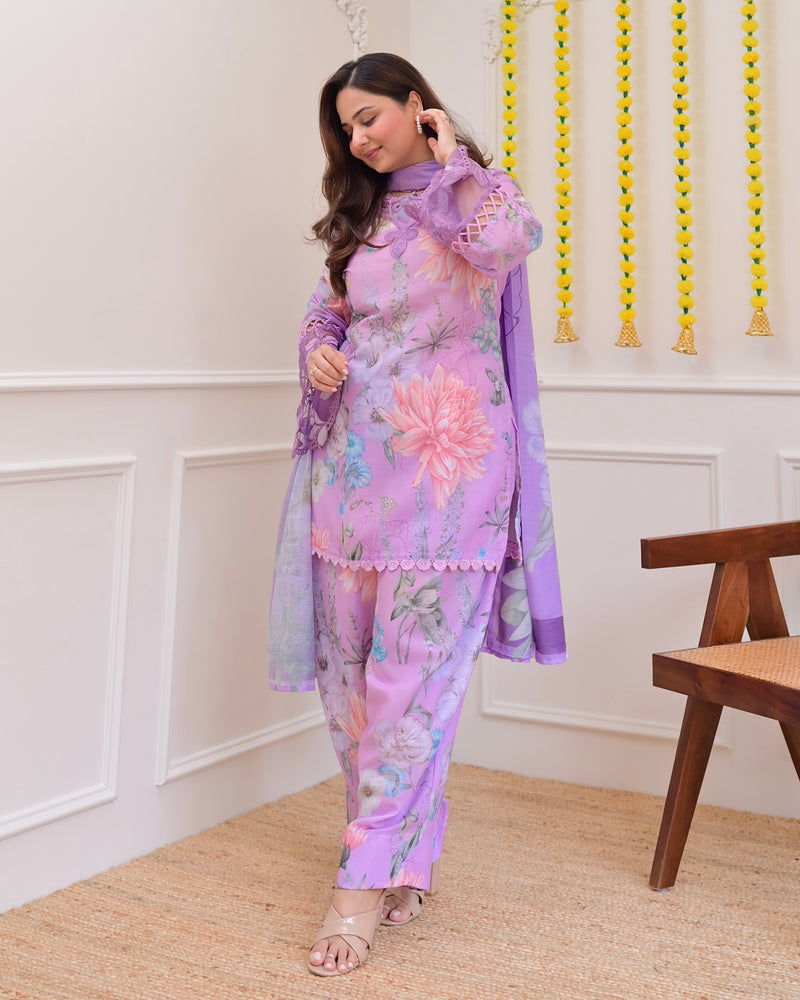 Lilac Bloom Applique Cotton Farshi Shalwar Suit