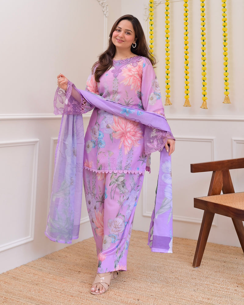 Lilac Bloom Applique Cotton Farshi Shalwar Suit