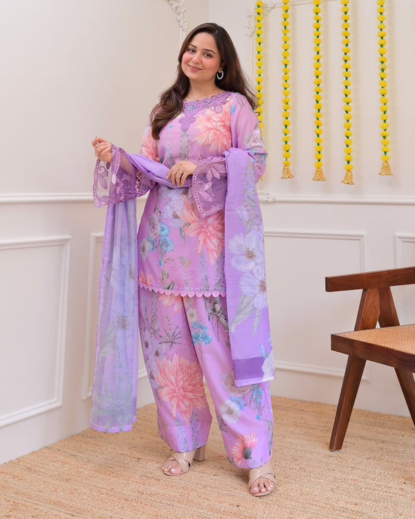 Lilac Bloom Applique Cotton Farshi Shalwar Suit