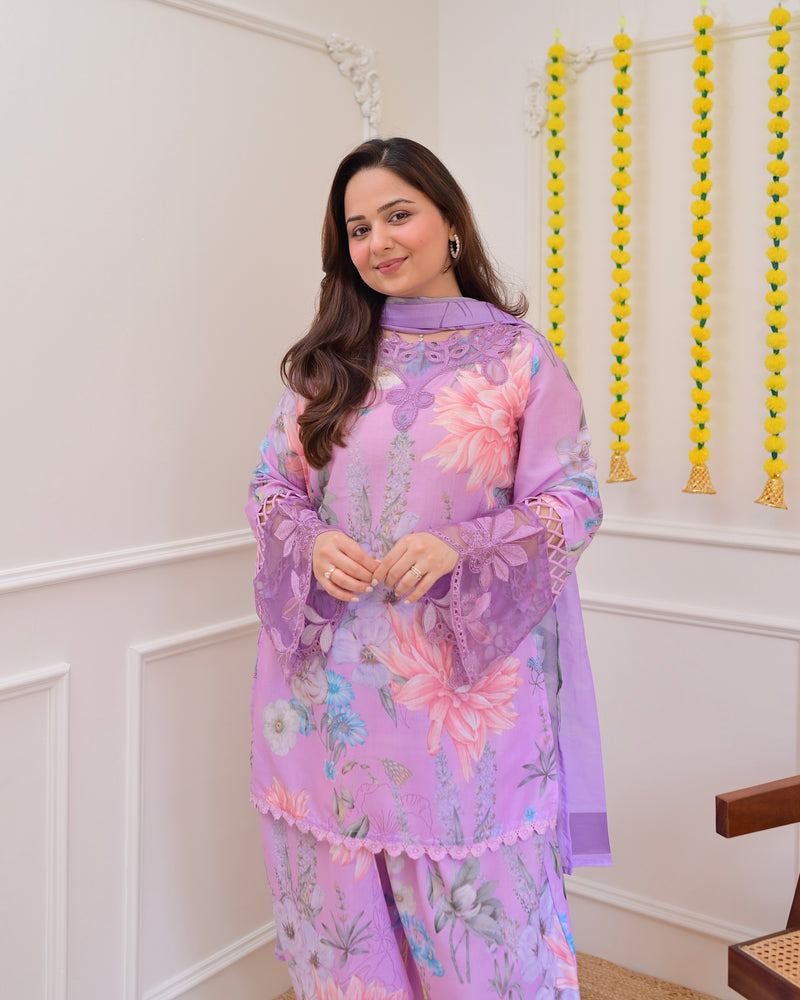 Lilac Bloom Applique Cotton Farshi Shalwar Suit