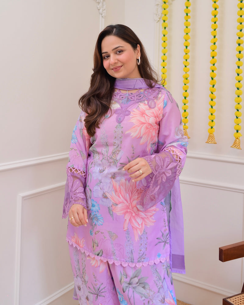 Lilac Bloom Applique Cotton Farshi Shalwar Suit
