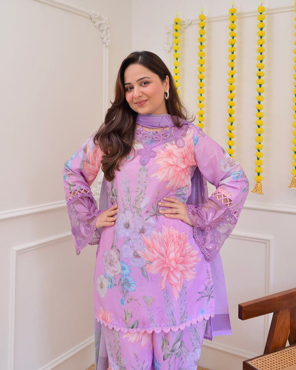 Lilac Bloom Applique Cotton Farshi Shalwar Suit
