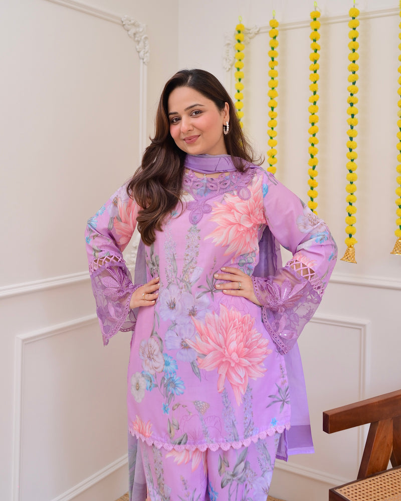 Lilac Bloom Applique Cotton Farshi Shalwar Suit