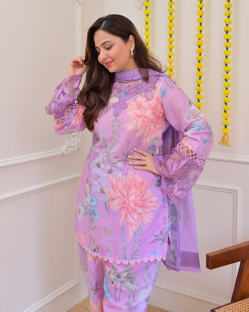Lilac Bloom Applique Cotton Farshi Shalwar Suit