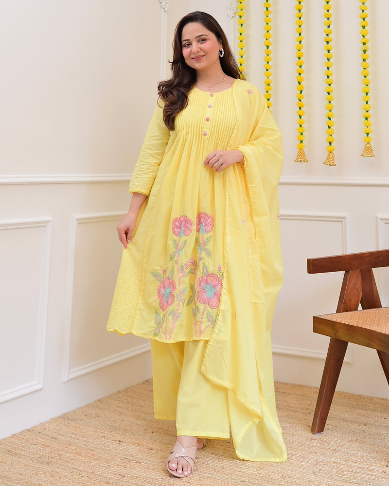 Yellow Pintex Threadwork A Line Cotton Suit