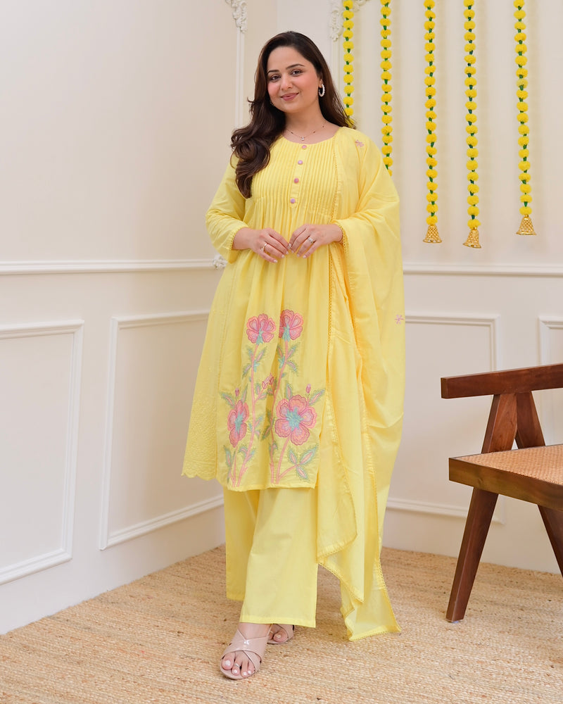 Yellow Pintex Threadwork A Line Cotton Suit