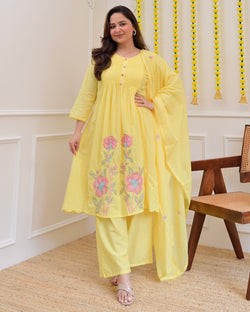 Yellow Pintex Threadwork A Line Cotton Suit