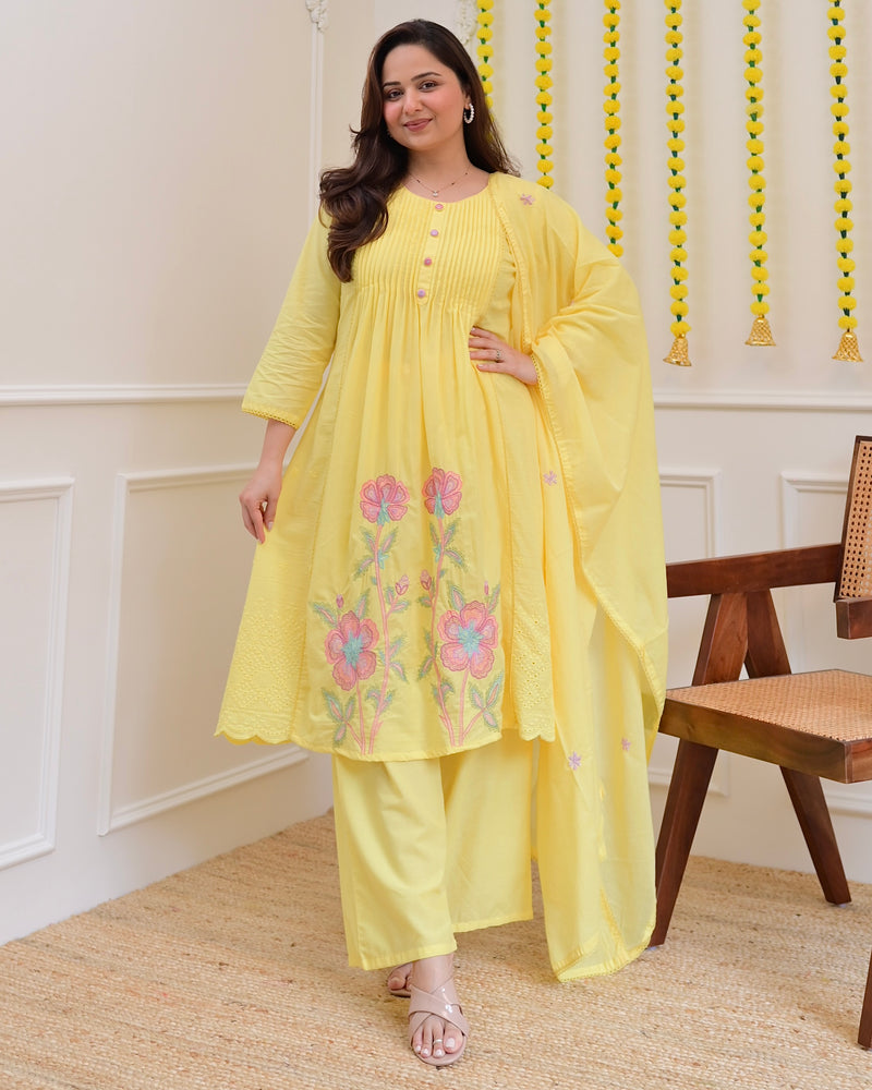 Yellow Pintex Threadwork A Line Cotton Suit