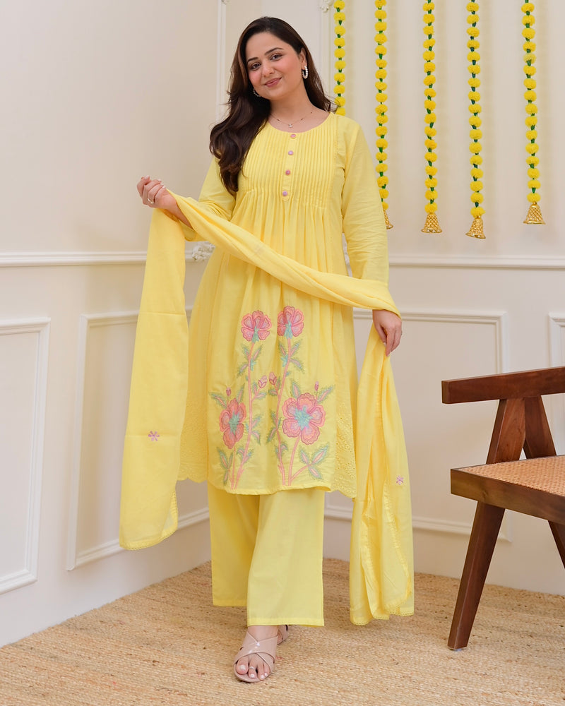 Yellow Pintex Threadwork A Line Cotton Suit