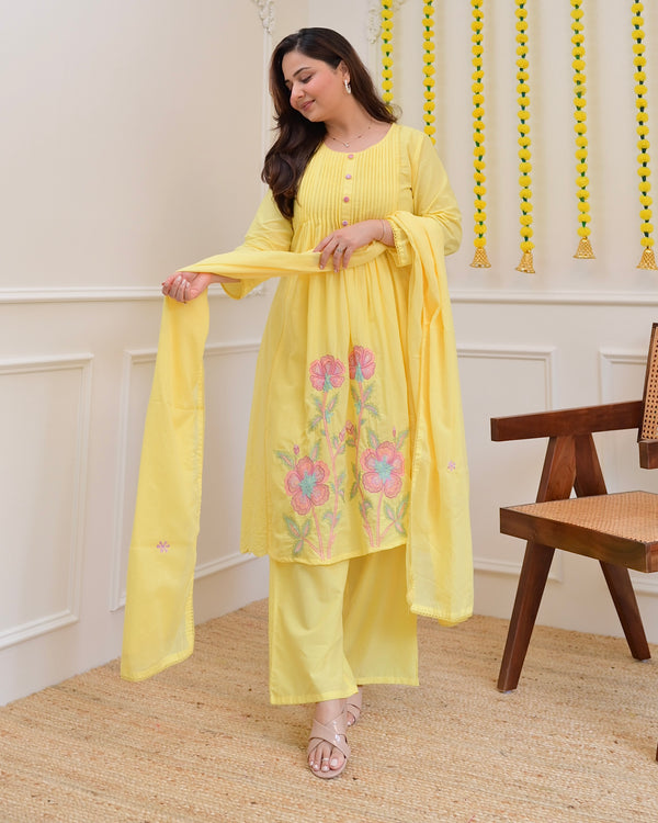 Yellow Pintex Threadwork A Line Cotton Suit