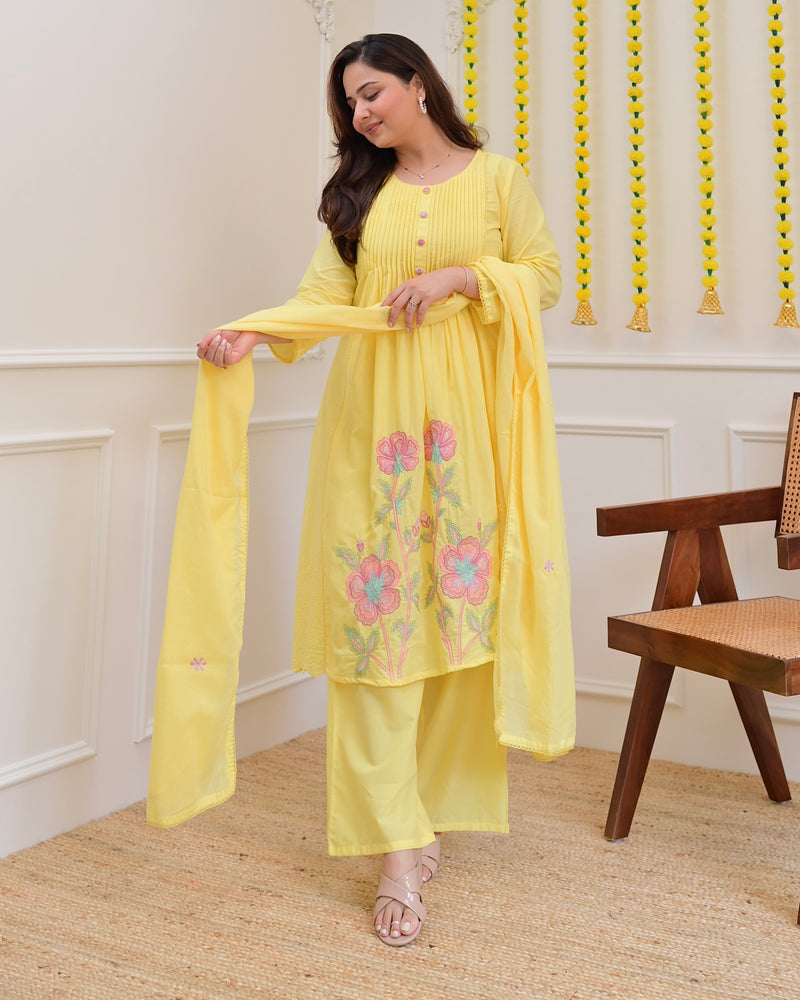 Yellow Pintex Threadwork A Line Cotton Suit