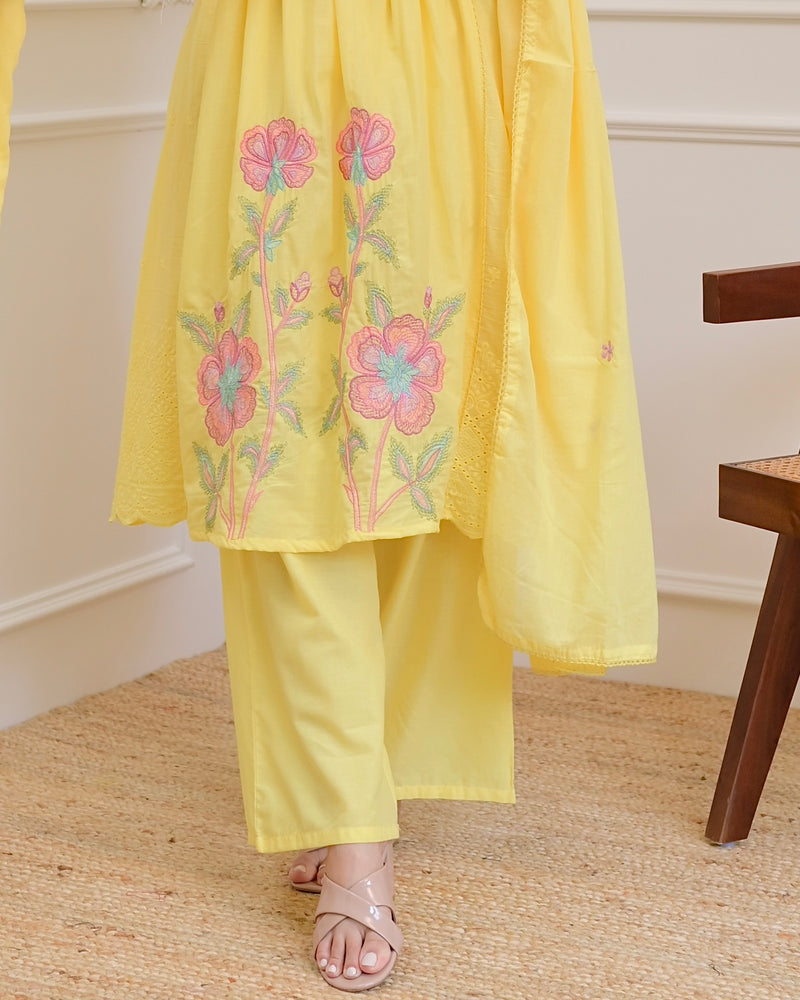 Yellow Pintex Threadwork A Line Cotton Suit